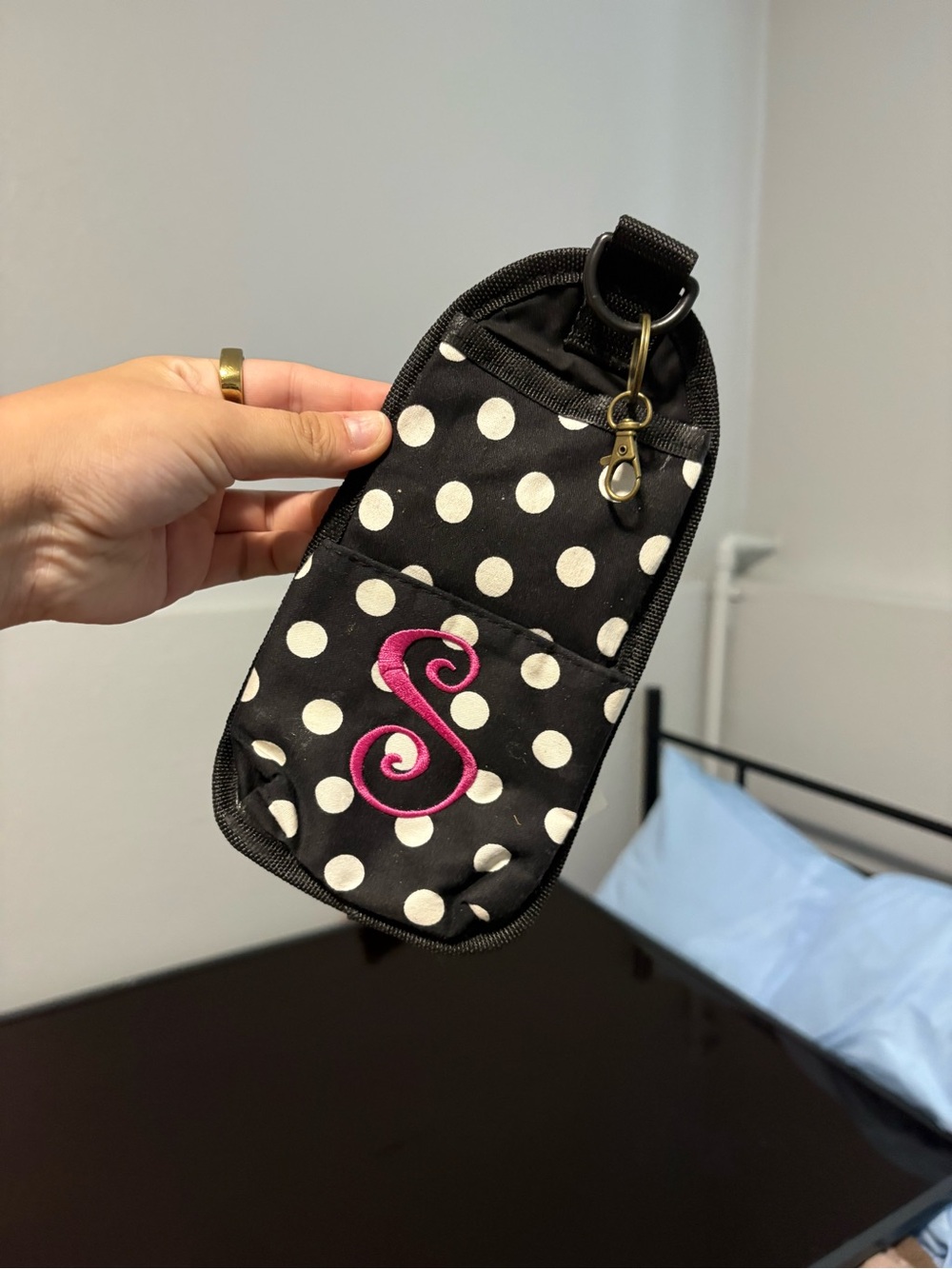 Monogrammed Black Polka Dot Phone Pouch with Pink S Accent